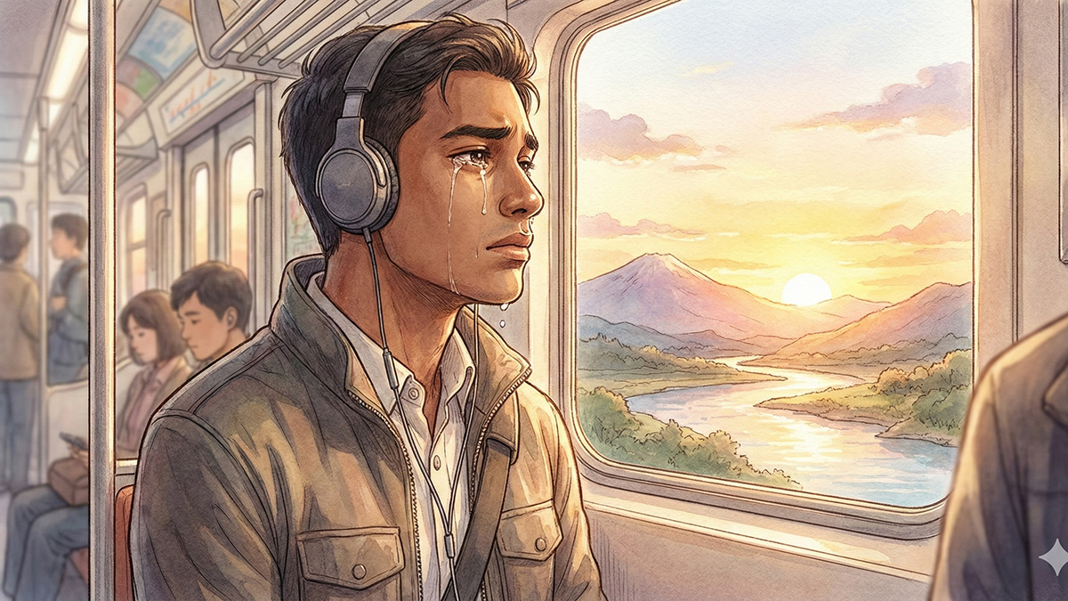 在火車上哭泣的男人